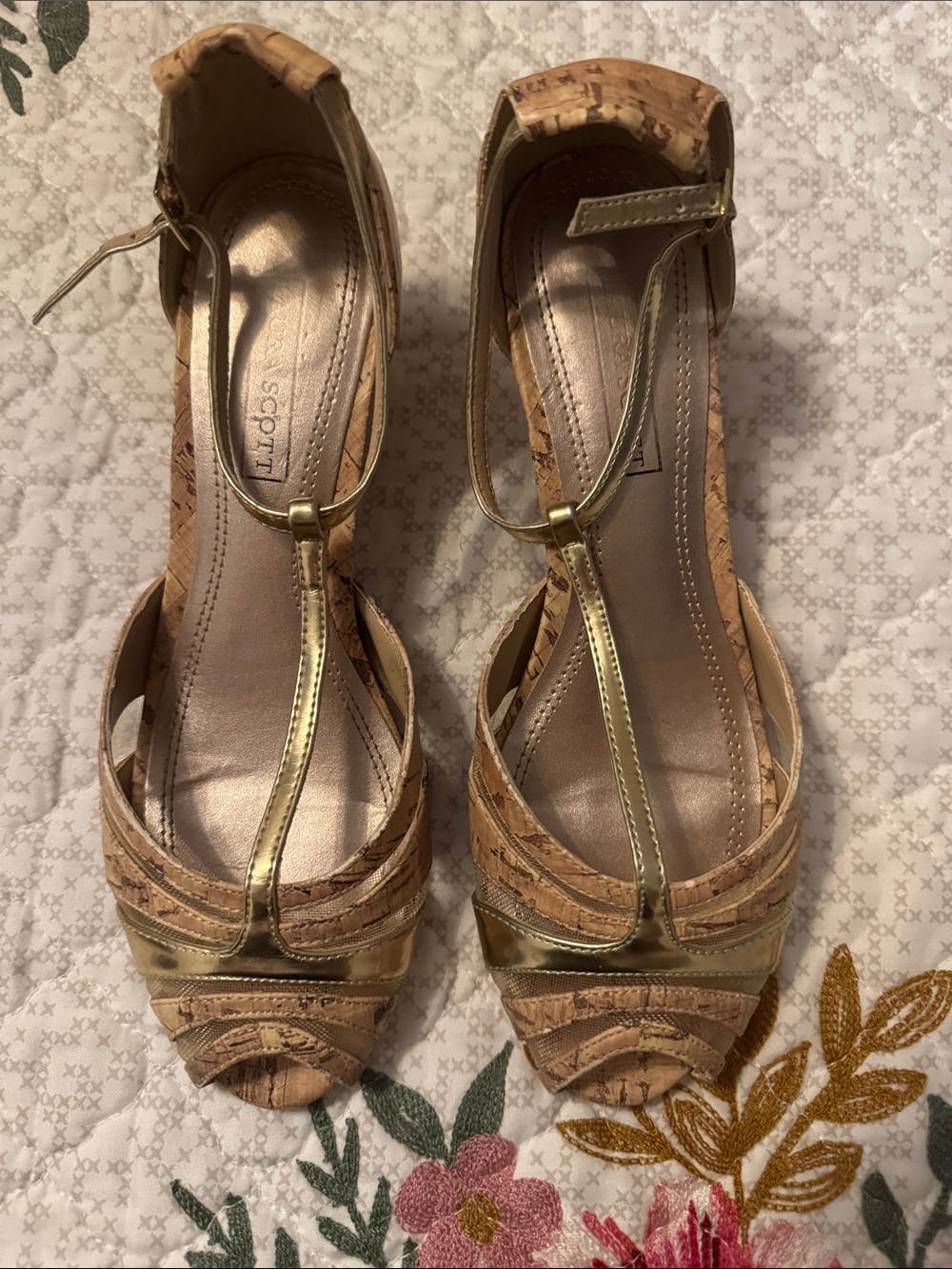 Laura Scott Metallic Gold T-Strap Cork Wedge Sandals